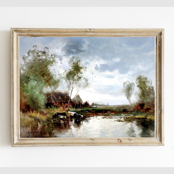 Vintage Landscape Print, Cows Pond Painting PRINTABLE, Antique Farmhouse Country Wall Art, #581rr