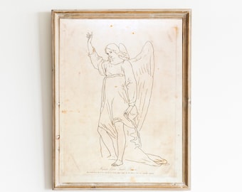 Vintage Printable Sketch Drawing of an Angel with Wings, Female Angel Outline, Antique Digital Wall Art Print, Instant Download #374