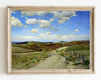 Vintage Panoramic Coastal Road Printable Painting, Cloudscape Hills Landscape Antique Digital Wall Art, Instant Download #573