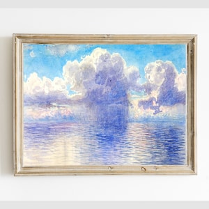 May include: A framed watercolor painting depicting a stormy sky with large, fluffy clouds over a calm, blue ocean. The clouds are a mix of white, gray, and purple, and the ocean is a deep blue with hints of purple and pink.