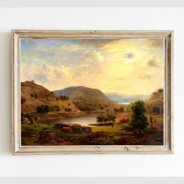 Scottish Highlands Mountain Valley Lake Vintage Printable Painting, Pasture Cows Sheep Antique Digital Wall Art, Instant Download #721