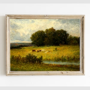 Cattle Grazing Near Stream Vintage Farmland Landscape Print, Cow Farm Antique Painting Digital Wall Art Printable, Instant Download #122