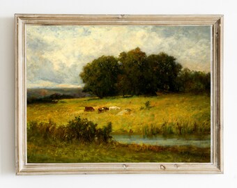 Cattle Grazing Near Stream Vintage Farmland Landscape Print, Cow Farm Antique Painting Digital Wall Art Printable, Instant Download #122