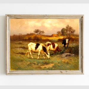 Antique Cattle Out To Pasture Printable Painting, Vintage Cows Farmland Landscape Digital Wall Art Print, Instant Download #682