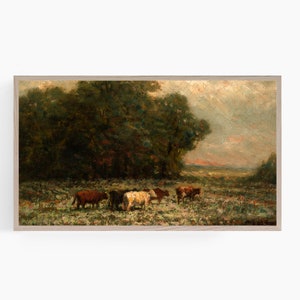 Samsung Frame TV Art, Vintage Vacas Gado Pastando Rústico Pasto Fazenda Paisagem Pintura Digital, Download Instantâneo #205tv
