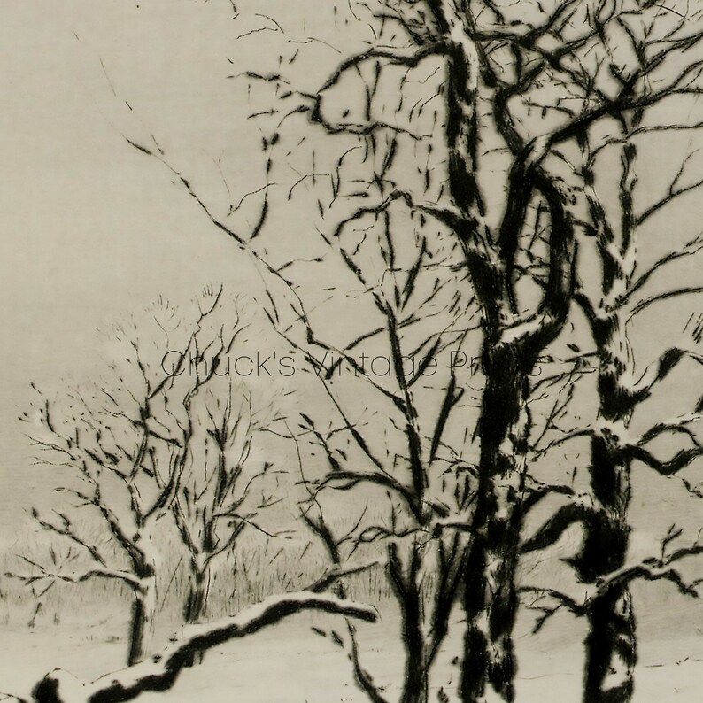 Vintage Winter Trees and Pond Landscape Printable Painting, Antique ...