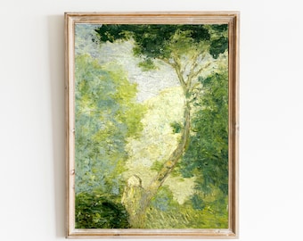 Vintage imprimible alto bosque árbol impresionista, pintura de paisaje antiguo, arte de pared digital imprimible, descarga instantánea #143