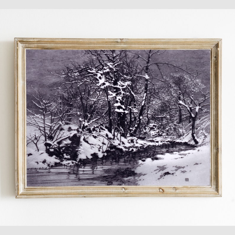 Vintage Winter Morning Landscape With Stream Printable Painting ...