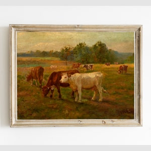 Antique Cows Printable Painting, Vintage Cattle Fields Farmland Landscape Digital Wall Art Print, Instant Download #693
