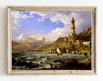 Vintage Italian Coastal Landscape Painting, Mediterranean Art Print, Digital PRINTABLE Download #563rr