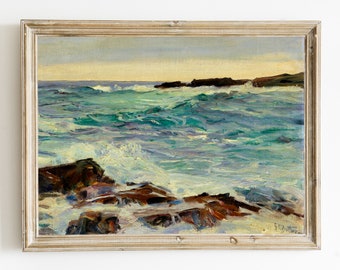 May include: A framed oil painting depicting a seascape with crashing waves and rocky outcroppings. The water is a vibrant turquoise and blue, with white foam cresting the waves. The sky is a soft, pale blue with hints of yellow and orange.