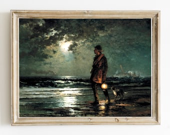 Man and Dog on Beach at Night Downloadable Vintage Painting Printable, Antique Coastal Seascape Scene, Digital Art, Instant Download #598