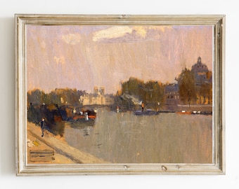 Vintage Paris Printable Painting, The Seine, Antique Cityscape Digital Wall Art Print, French Country Instant Download #714