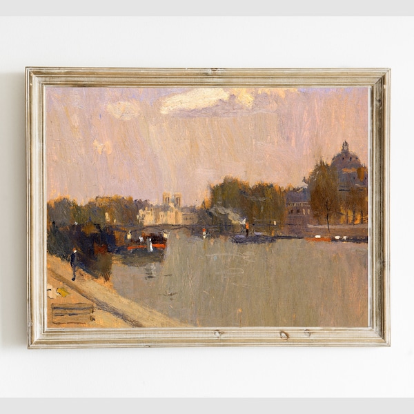 Vintage Paris Printable Painting, The Seine, Antique Cityscape Digital Wall Art Print, French Country Instant Download #714