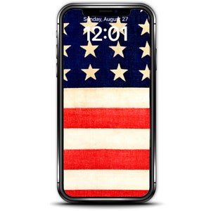 May include: A black smartphone with a case displaying the American flag. The time is 12:01 and the date is Sunday, August 27.