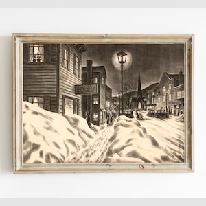 May include: A black and white illustration of a snowy street scene at night. The street is lined with buildings, including a bakery, a church, and a garage. There are people walking on the sidewalk and cars parked on the street. The street is lit by a street lamp.