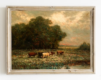 May include: A vintage oil painting depicting a pastoral scene with a group of cows grazing in a field. The painting features a lush green meadow with a small stream in the foreground. The background is dominated by a large group of trees, with a cloudy sky above.