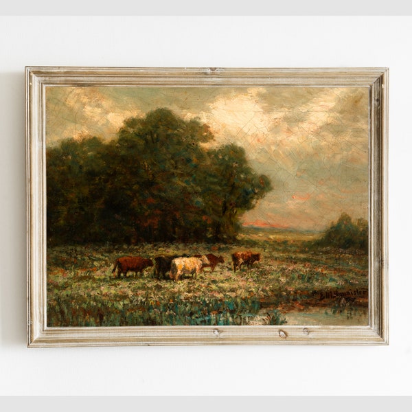 Antike Rinder grasen in der Nähe von Wasser druckbare Kuh Ackerland Landschaft Vintage Malerei digitale Wand Kunst Druck, Instant Download #205