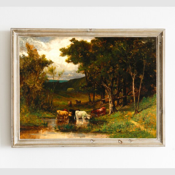 Landscape with Cows Painting Printable Wall Art Digital Download Antique Painting Vintage Art Oil Painting Digital Print Instant Download