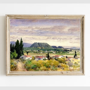 Vintage Mexico Rural Town Mountain Landscape Printable Painting, Vintage Digital Wall Art Print, Instant Download #547