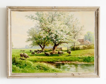 Sheep Grazing near Water Painting Printable, Vintage Antique Farmhouse Country Landscape Digital Wall Art, Instant Download #544