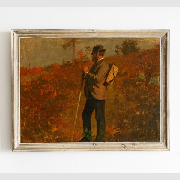 Antique Printable Portrait of a Man with Walking Stick on an Autumnal Walk, Antique Digital Wall Art Printable, Instant Download #320