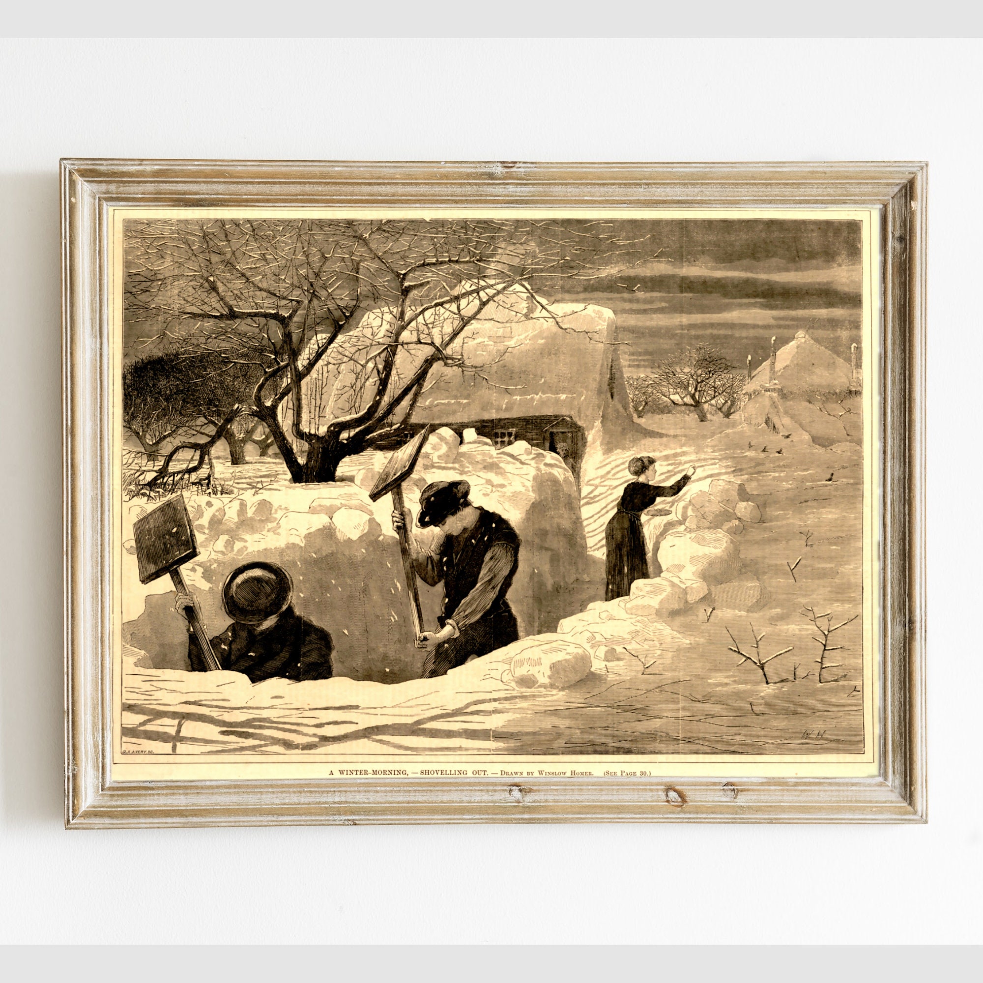 Vintage Winter Morning Printable, Shoveling Snow Painting, Antique