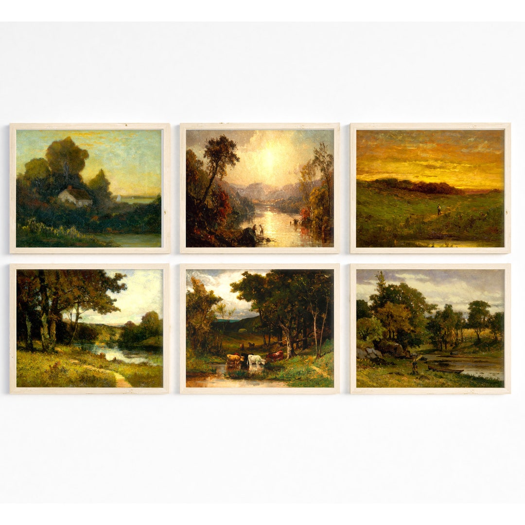 Antique Country Gallery Wall Art Set of 6, Rustic Water Lake Landscape ...