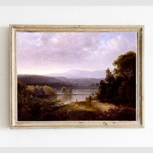 Vintage Printable Mountain River View Landscape Painting, Antique Digital Wall Art Printable, Hunters and Dogs Instant Download #715