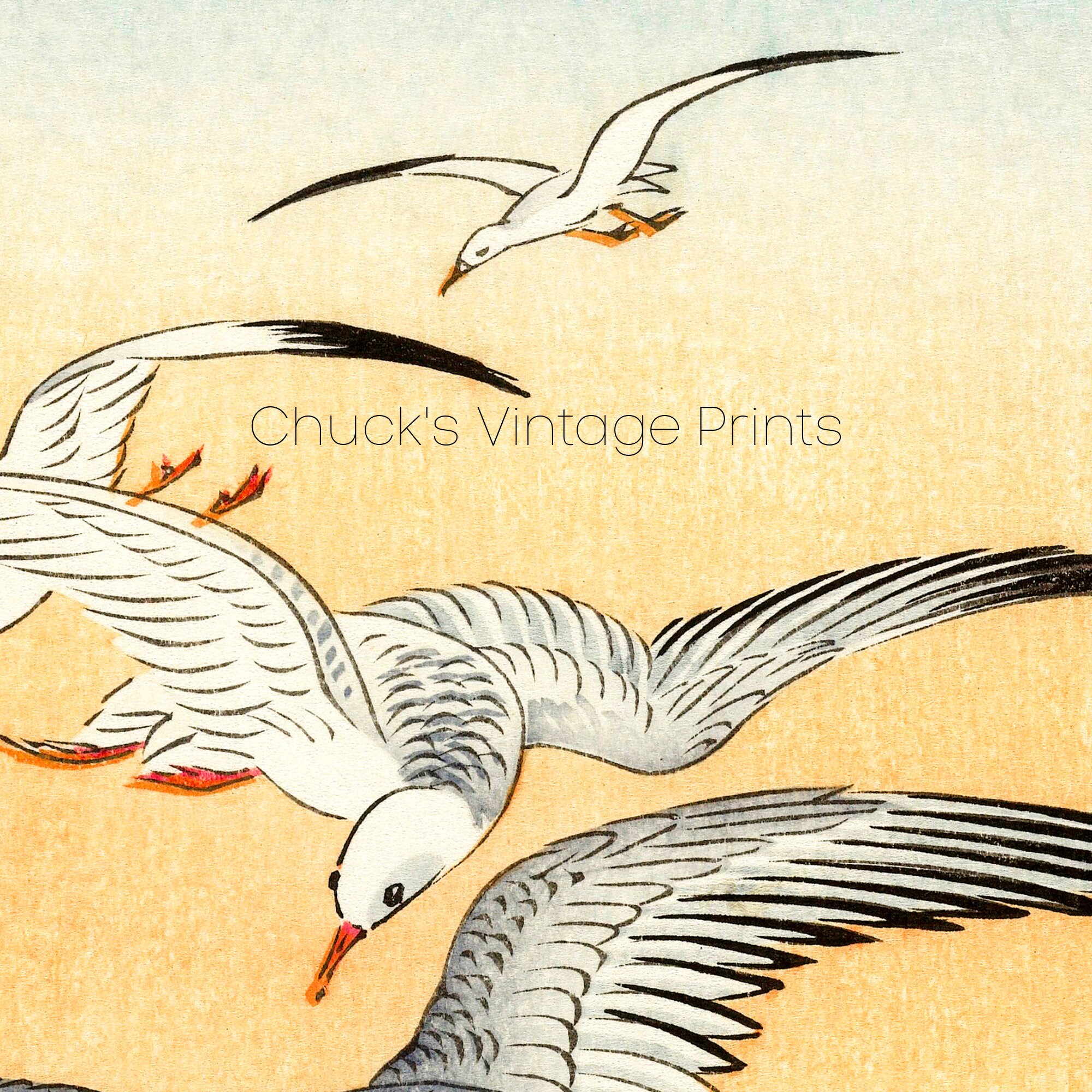 Vintage Seagulls and Sea Waves Printable Painting, Japanese Coastal Art ...