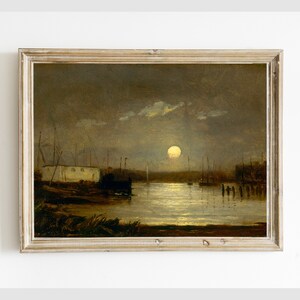 Vintage Moon over Harbor Print, Antique Landscape Seascape Harbour Coastal Scene, Vintage Digital Wall Art, Instant Download #125