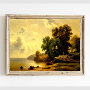Vintage Küstenlandschaft mit Camping druckbare Kunst, antike Strand Bucht Ölgemälde digitale Wand Kunst Dekor, sofortiger Download #275