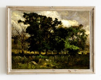 ヴィンテージの古い家の絵画 | アンティークの木々の森のアートワーク