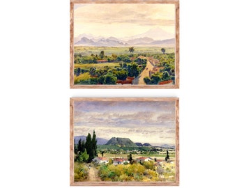 Vintage Rural Mexican Mountain Landscape Paintings Set of 2 Printables, Antique Digital Watercolors Wall Art, Instant Download #1020