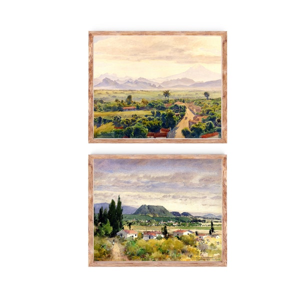 Vintage Rural Mexican Mountain Landscape Paintings Set of 2 Printables, Antique Digital Watercolors Wall Art, Instant Download #1020