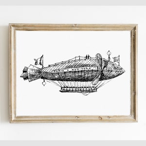 Ein viktorianisches Luftschiff druckbare Gravur, Vintage Luftschiff Kunstwerk Druck, digitale Wandkunst, Der fliegende Holländer, Sofort Download #014