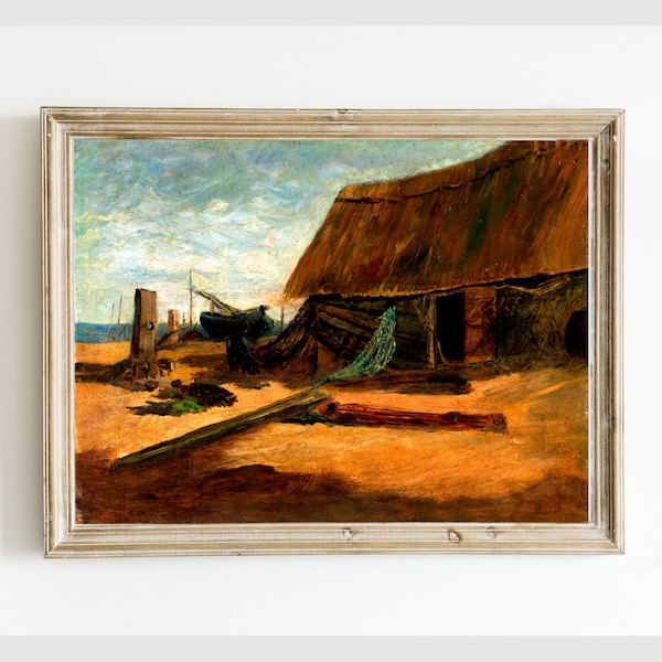 Vintage Beach Hut and Rowing Boat Painting PRINTABLE, Antique Digital Wall Art, Instant Download #628