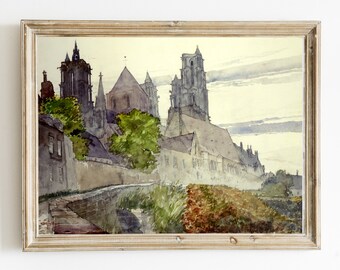 Vintage Gothic Cathedral Painting, French Architecture Digital Wall Art PRINTABLE, Instant Download #616