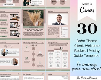 30 välkomstpaketsmall för bohemiska coacher, klientintroduktion, välkomstguide, offertmall, kit för nya kunder, Canva-redigering