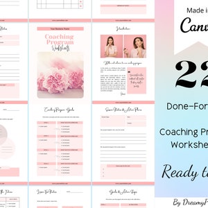 Op de afbeelding: Een set van 22 printbare coachingprogramma-werkbladen in roze en wit met een bloemenontwerp. De werkbladen zijn klaar voor gebruik en bevatten titels zoals "Jack's Notes", "Les Twee Notes", "Mijn Visie voor de Toekomst", "Coachingprogramma Doelen", "Sessie Notities & Actieplannen" en "Doelen & Actiestappen".