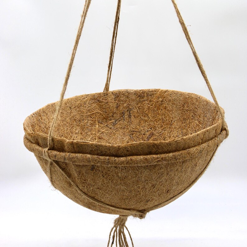 Op de afbeelding: Een ronde hangende plantenmand gemaakt van bruin, vezelig kokosvezelmateriaal. De komvormige houder wordt ondersteund door dunne, natuurkleurige touwtjes die omhoog lopen naar een centraal punt voor ophanging, met een getextureerd oppervlak.