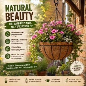 Op de afbeelding: Een ronde hangende plantenbak van bruine kokosvezel, gehouden door een zwart metalen frame en kettingen. De mand is gevuld met levendige roze en witte bloemen. Tekst op de afbeelding bevat Natural Beauty, Retains Moisture en Crafted from coconut fibre.