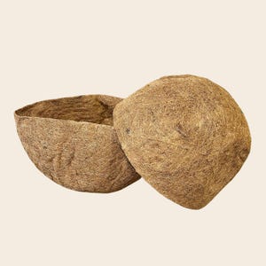 Op de afbeelding: Twee komvormige plantenbakken gemaakt van bruin, vezelig kokosvezelmateriaal. De plantenbakken hebben een afgeronde, getextureerde buitenkant en een holle binnenkant, met een natuurlijke, grove en organische uitstraling van dichte vezels.