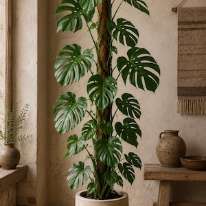 May include: A tall Monstera deliciosa plant with large, deep green, fenestrated leaves climbing up a vertical brown coir moss pole. The plant is potted in a simple, cylindrical, light beige ceramic planter that sits on the floor.