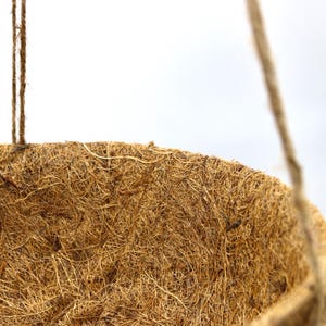 Op de afbeelding: Een halfronde hangende plantenbakvoering gemaakt van natuurlijke bruine kokosvezels. De komvormige voering heeft een dichte, vezelige textuur en wordt opgehangen aan dunne, lichtbruine touwtjes die aan de bovenrand van de structuur zijn bevestigd.
