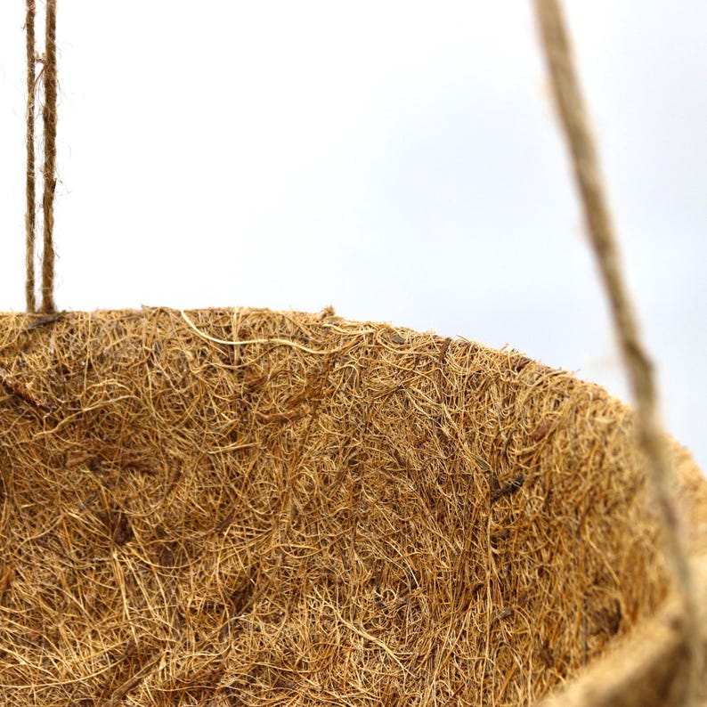 Op de afbeelding: Een halfronde hangende plantenbakvoering gemaakt van natuurlijke bruine kokosvezels. De komvormige voering heeft een dichte, vezelige textuur en wordt opgehangen aan dunne, lichtbruine touwtjes die aan de bovenrand van de structuur zijn bevestigd.