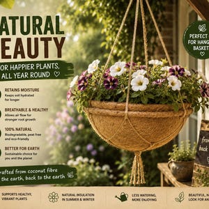 Op de afbeelding: Een ronde hangende plantenbak van bruine kokosvezel, opgehangen aan een net van touw. De plantenbak bevat een cluster van witte en paarse petunia bloemen. Tekst op de afbeelding bevat Natural Beauty, Retains Moisture en 100% Natural.