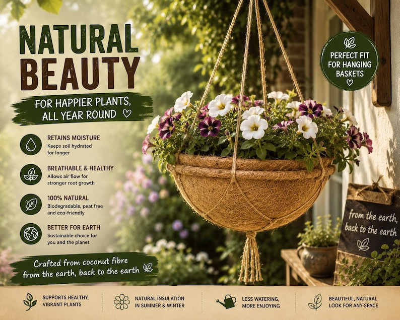 Op de afbeelding: Een ronde hangende plantenbak van bruine kokosvezel, opgehangen aan een net van touw. De plantenbak bevat een cluster van witte en paarse petunia bloemen. Tekst op de afbeelding bevat Natural Beauty, Retains Moisture en 100% Natural.