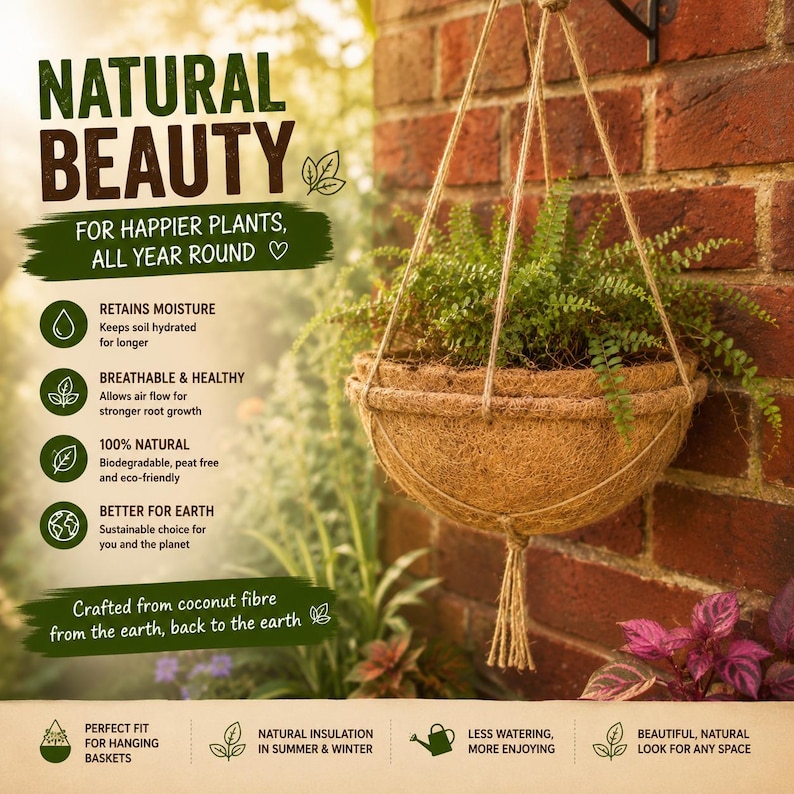 Op de afbeelding: Een ronde hangende plantenbak van bruine kokosvezel met een groene varen. De afbeelding bevat tekst: NATURAL BEAUTY, FOR HAPPIER PLANTS, ALL YEAR ROUND, RETAINS MOISTURE, BREATHABLE & HEALTHY, 100% NATURAL, BETTER FOR EARTH en meer tekst.