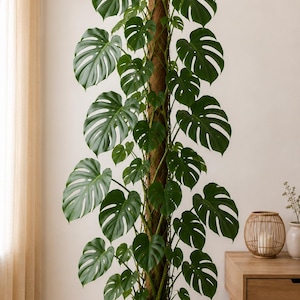 May include: A large Monstera plant with split leaves climbs a brown moss pole inside a beige pot. The plant is in front of a light-coloured wall. A wooden side table and decorative items are in the background.